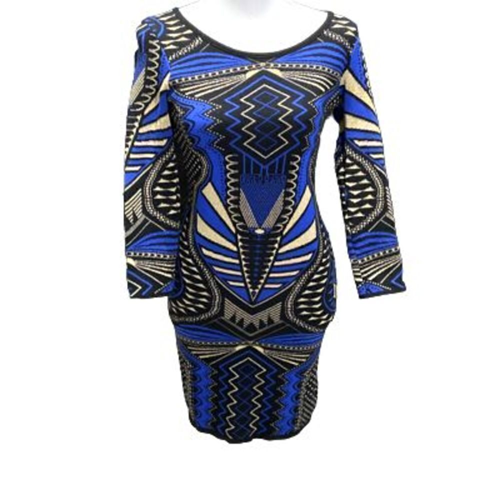 Cenit Knit Blue Metallic Gold Black Sweater Dress Bodycon Long Sleeve Sz Small